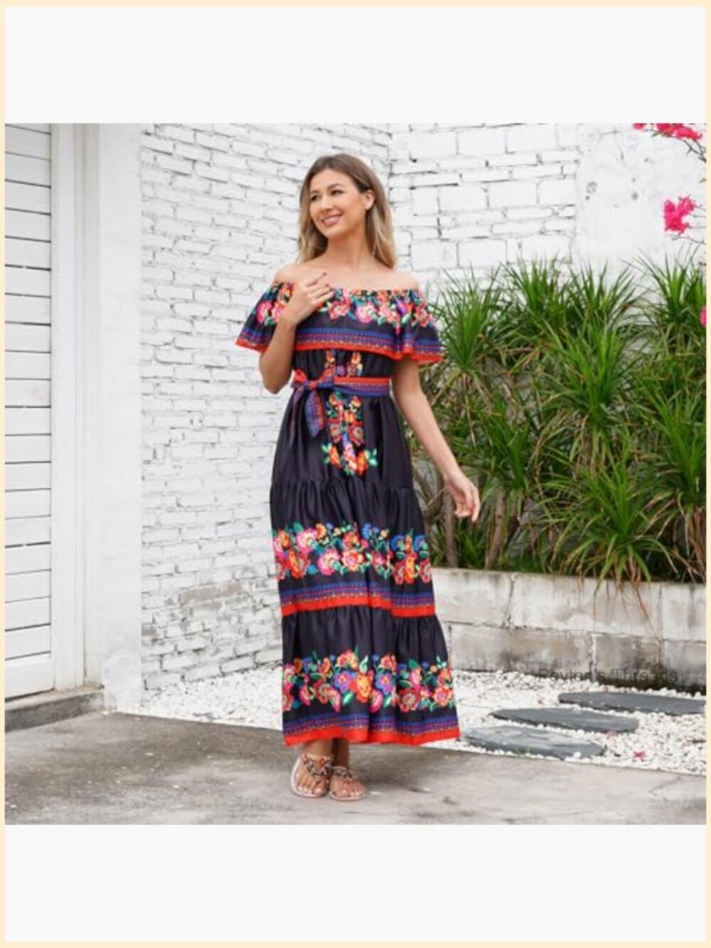 Off Shoulder Floral Maxi Dress with Belt Sleeveless A-Line - Picture 5 of 5